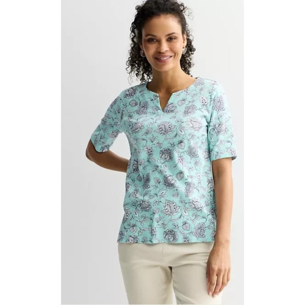 Croft & Barrow T-Shirt Womens XXL Blue Floral Paisley Elbow Sleeve Splitneck NWT
